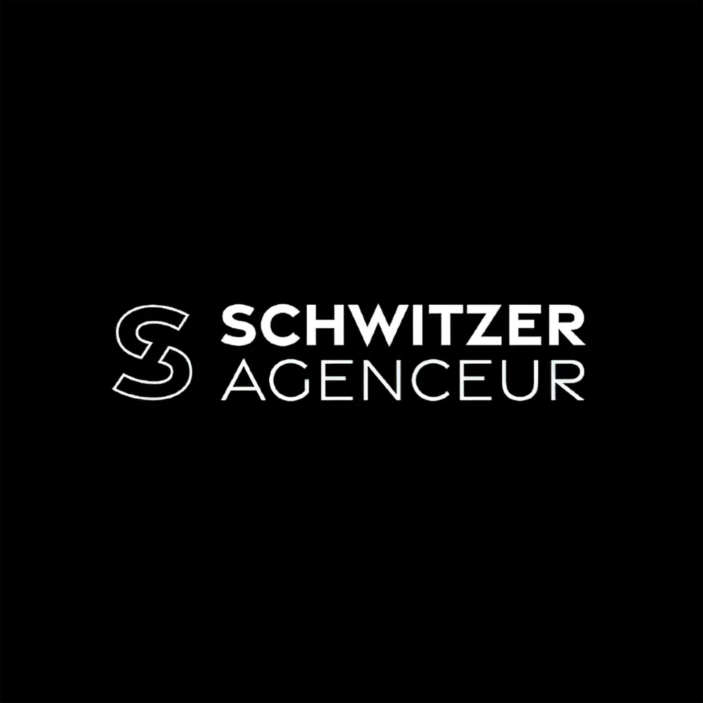 Logo blanc SCHWITZER - AGENCEUR sur fond noir.
